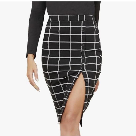 Plaid Pencil Midi Skirt Elastic High Waist Button Stretchy with Slit Size: M - Picture 1 of 8